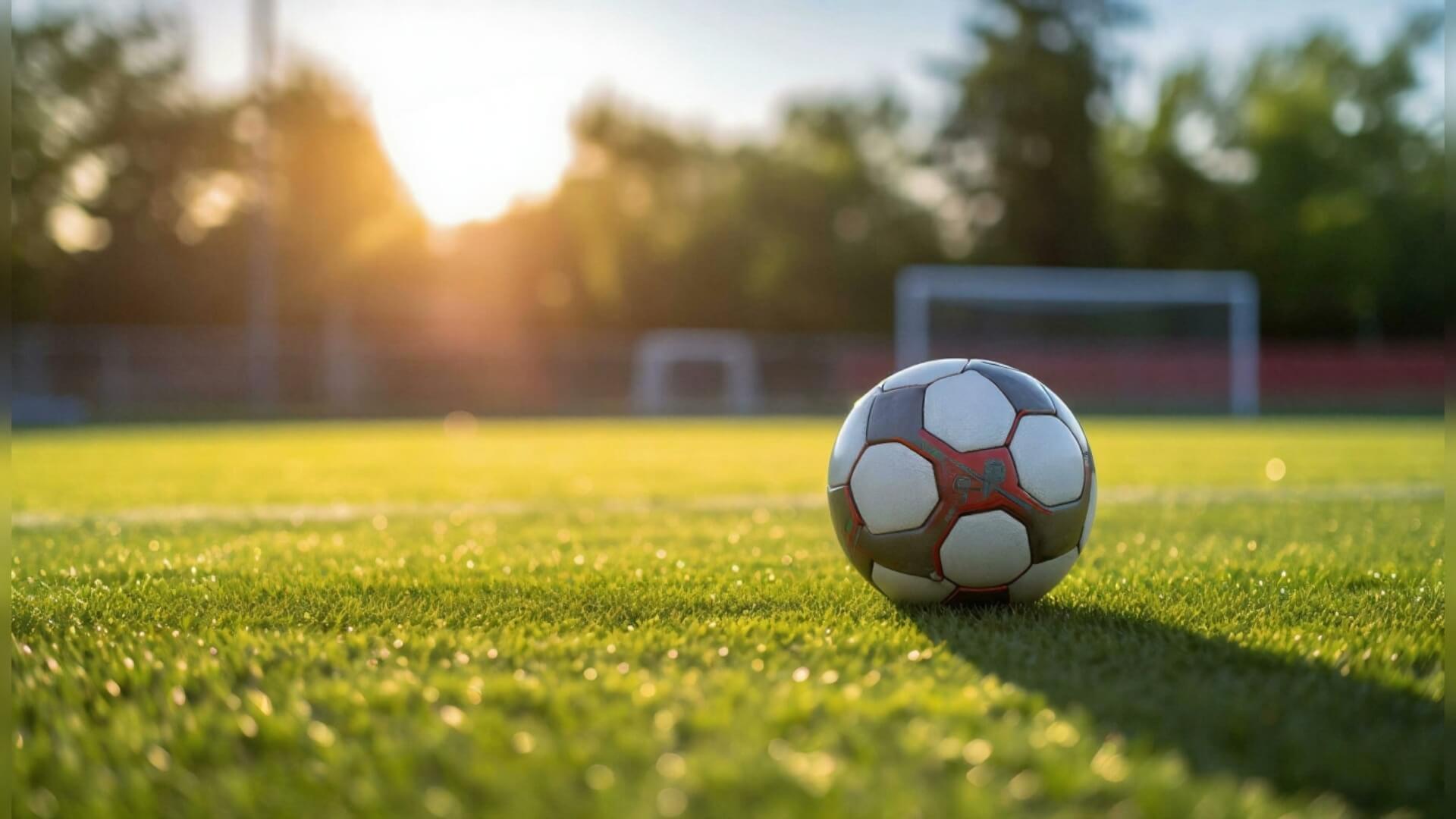 A classic black and white soccer ball with red accents sits on the green grass of the football field, with a soccer goal and trees blurred in the background under warm golden sunlight on a beautiful sunny day.