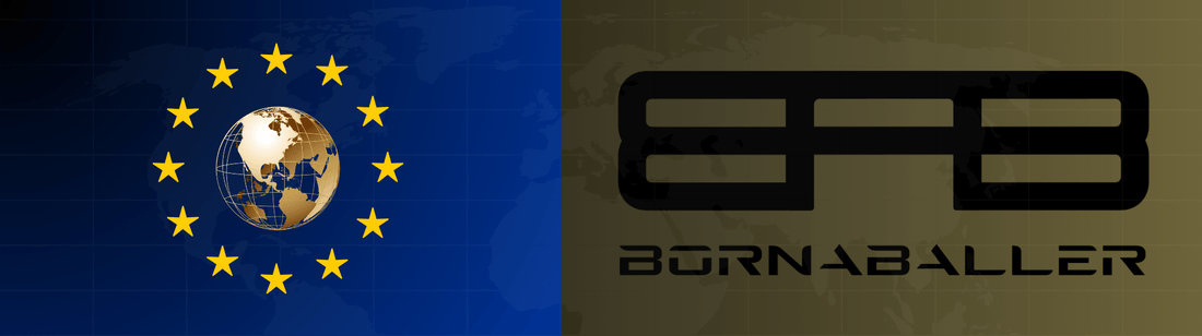 Modern bottom site graphic design showing 2 logos split: on the left is the blue and gold European Union (EU) flag with golden circle stars & a golden globe — and a black 'BAB BORNABALLER' logo on a dark-gold background on the right, with a discreet world map and technology grid overlay.